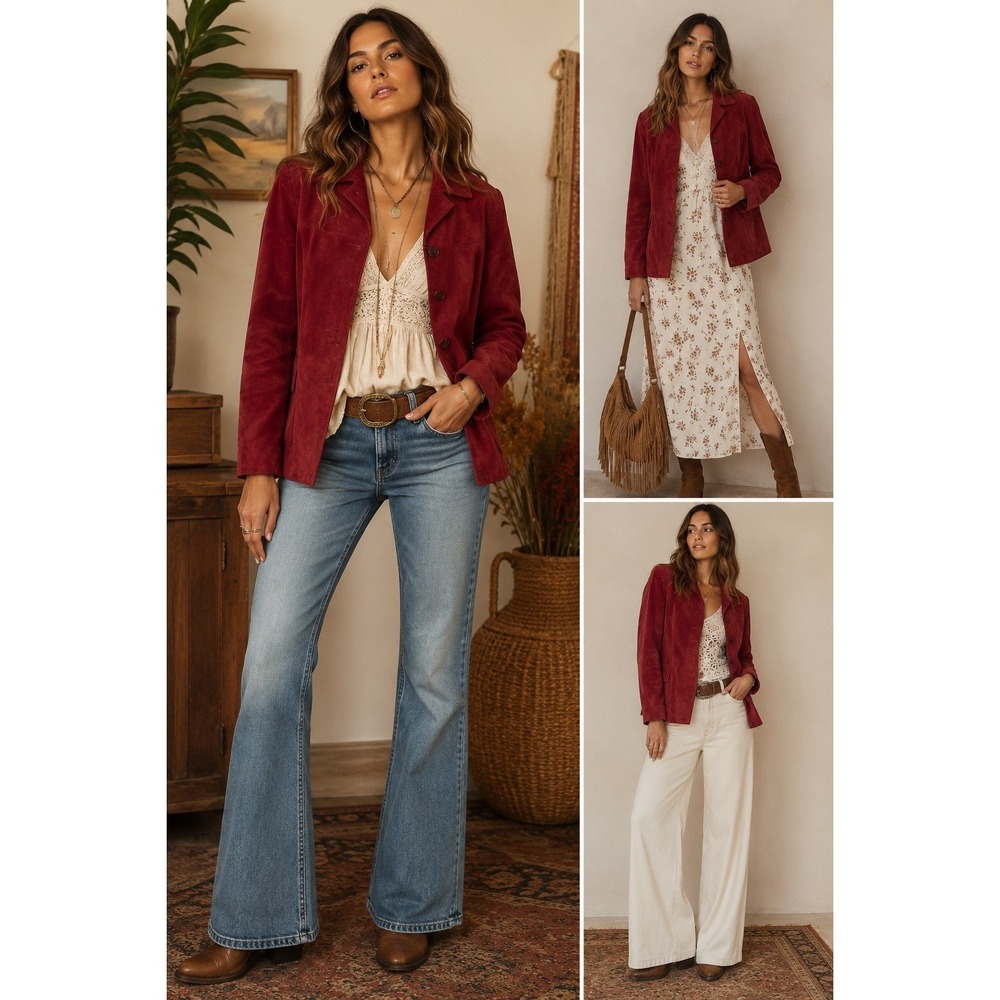 Burgundy Suede Leather Jacket Women's Large Tailored Wine Red Classic
